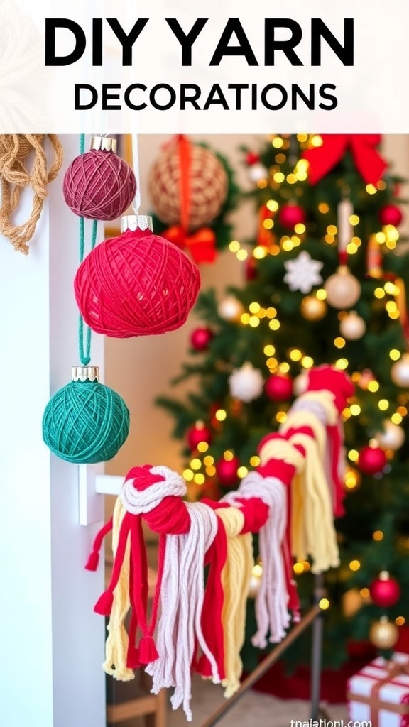 Colorful yarn Christmas decorations including ornaments and a wreath in a festive setting.